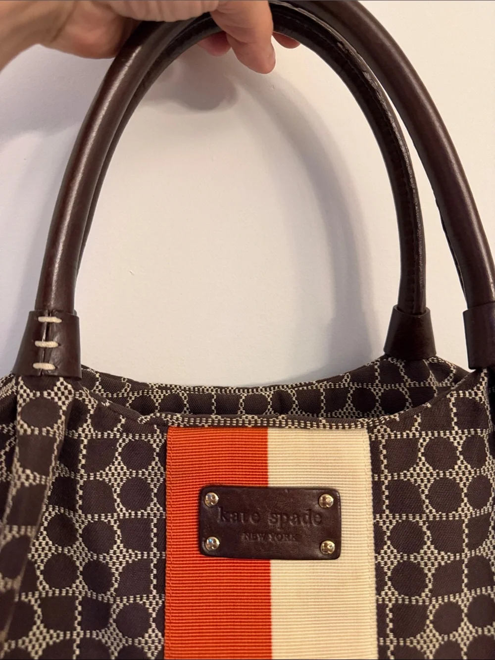 NWOT Kate Spade Noel Stevie Brown Tote with Orange & Cream Center Stripe